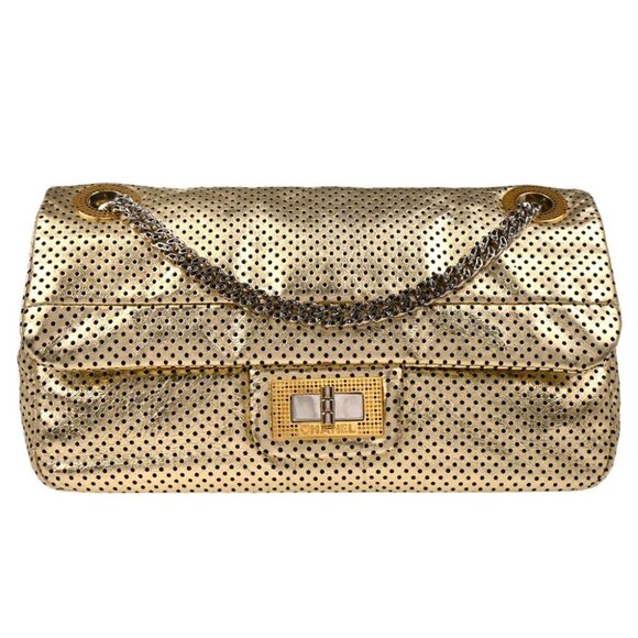 Chanel Gold Perforated Lambskin Mademoiselle Lock Shoulder Bag